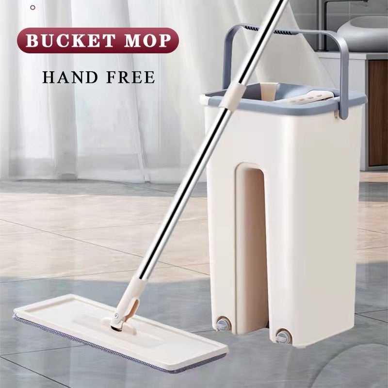 Squeeze Mop With Bucket Head 360 Rotating Flat Mop With Microfiber Pads Hand-free Wash Floor Mop Wet And Dry Home Cleaning Tool