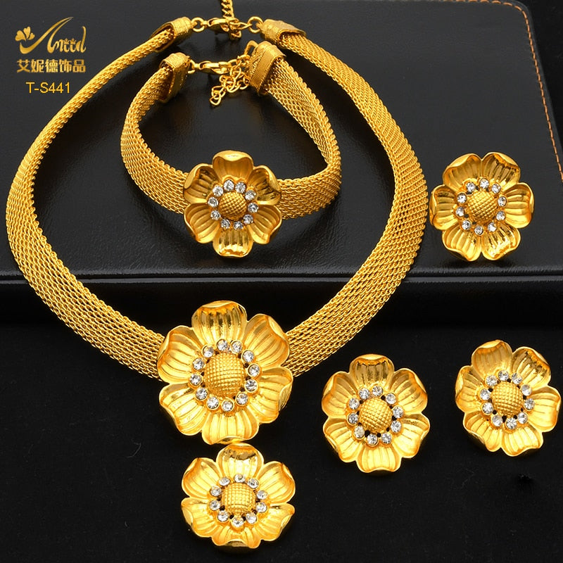 ANIID Ethiopian Gold Plated Jewelry Set For Women Bridal Dubai Jewellery Wedding Brazilian Eritrean African Earring Necklace Set