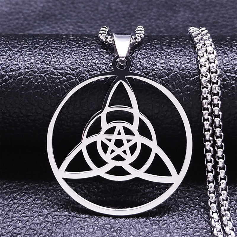 Witchcraft Stainless Steel Witch Knot Pendant Necklace for Women Man Silver Color Wicca Chain Necklaces Jewelry nudo de bruja