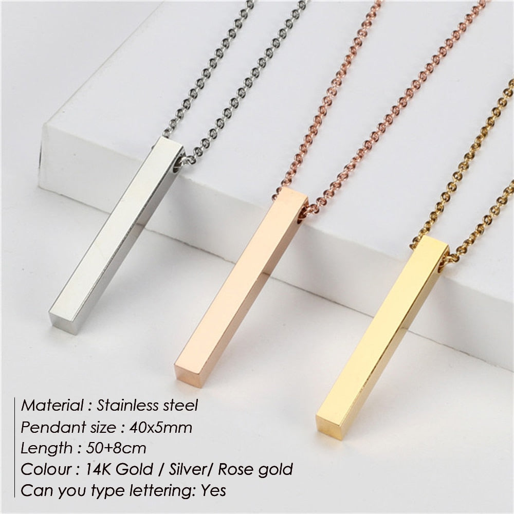eManco Four Sides Engraving Personalized Square Bar Custom Name Necklace Stainless Steel Pendant Necklace Women/Men Gift