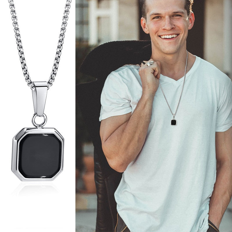 Vnox Geometric Square Necklaces for Men, Enamel Square Pendant with Rope Cuban Figaro Box Chain, Casual Vintage Cool Collar