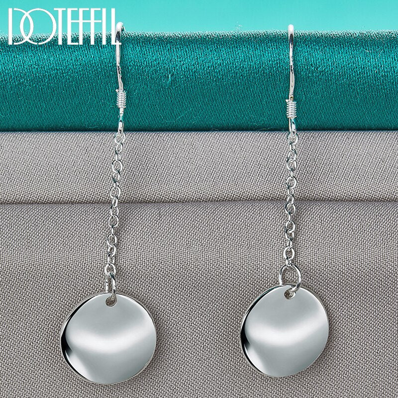 DOTEFFIL 925 Sterling Silver Smooth Bump Round Long Drop Earrings For Woman Wedding Engagement Fashion Party Charm Jewelry