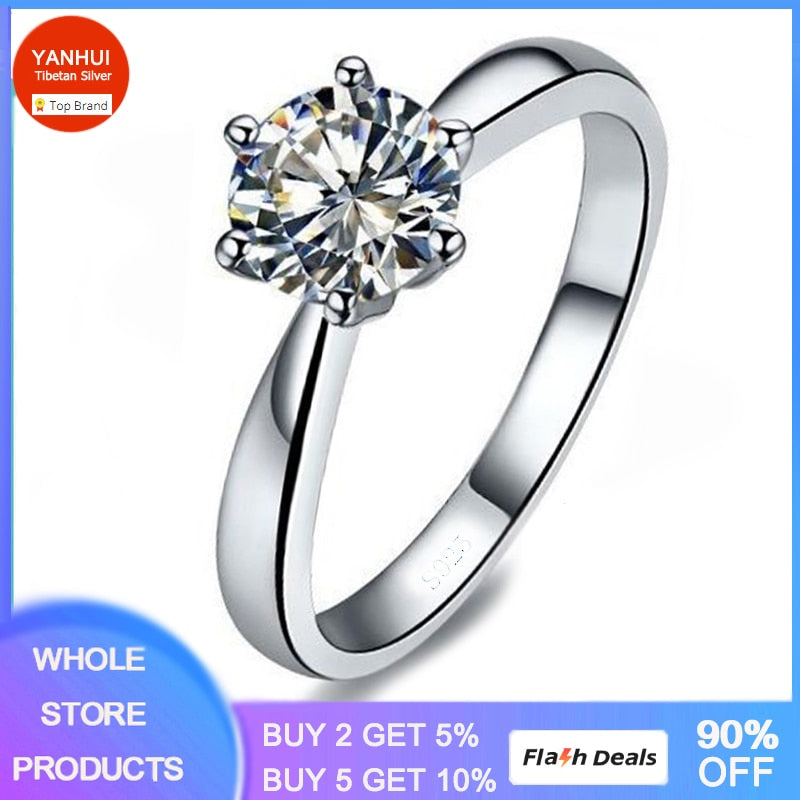 YANHUI Original Tibetan Silver Ring Natural 1 Carat Zirconia Wedding Band Rings for Women Classic Jewelry Gift R003