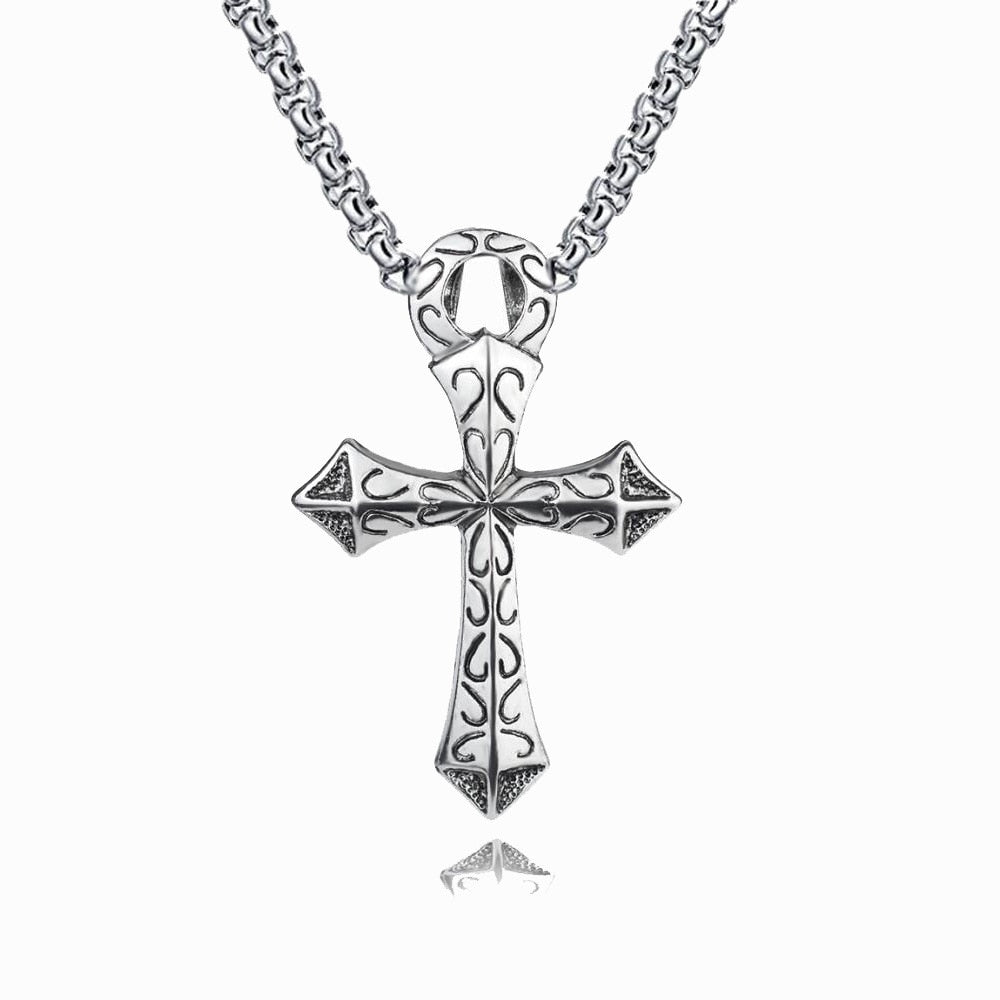 Fashion Vintage Flame Cross Pendant Necklace For Women Men Long Chain Punk Goth Trendy Accessories Choker Gothic Jewelry