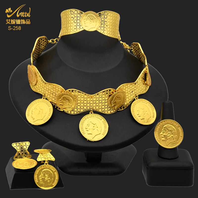 ANIID Dubai Gold Plated Coin Necklace Bracelet Jewelry Sets For Women African Ethiopian Bridal Wedding Luxury Jewellery Gifts