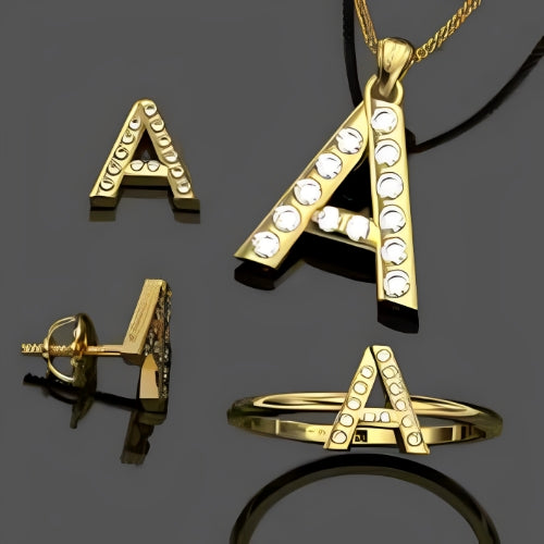 Set of Necklace, Earrings and Ring ustomized Initials Design in Gold with Zirkonia.