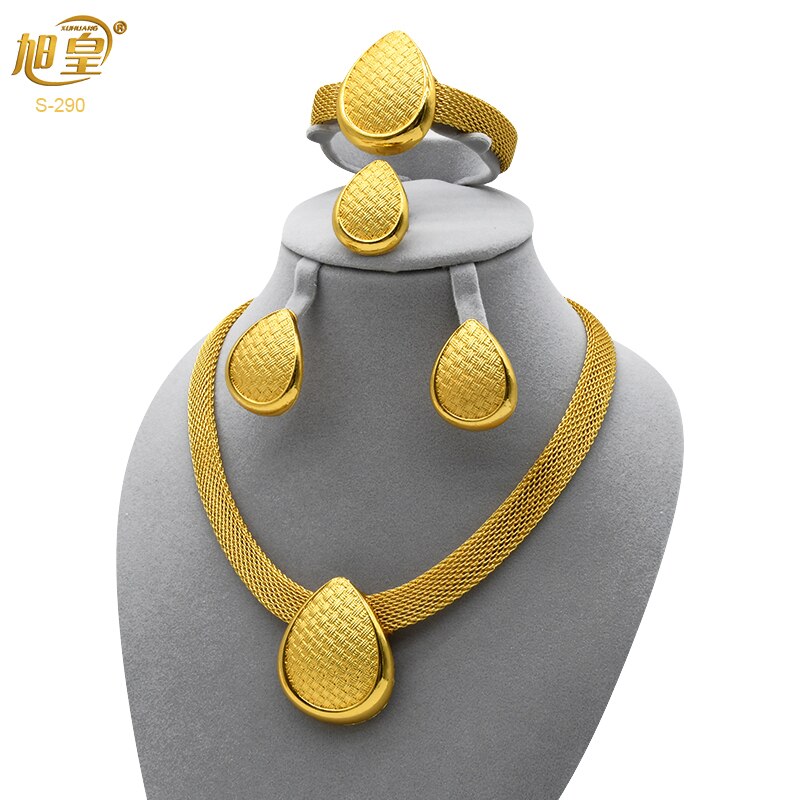 XUHUANG African Necklaces Bracelets Earing Sets Nigerian Wedding Jewelry Set Ethiopian Gold Colour Necklace Jewellery Set Gifts