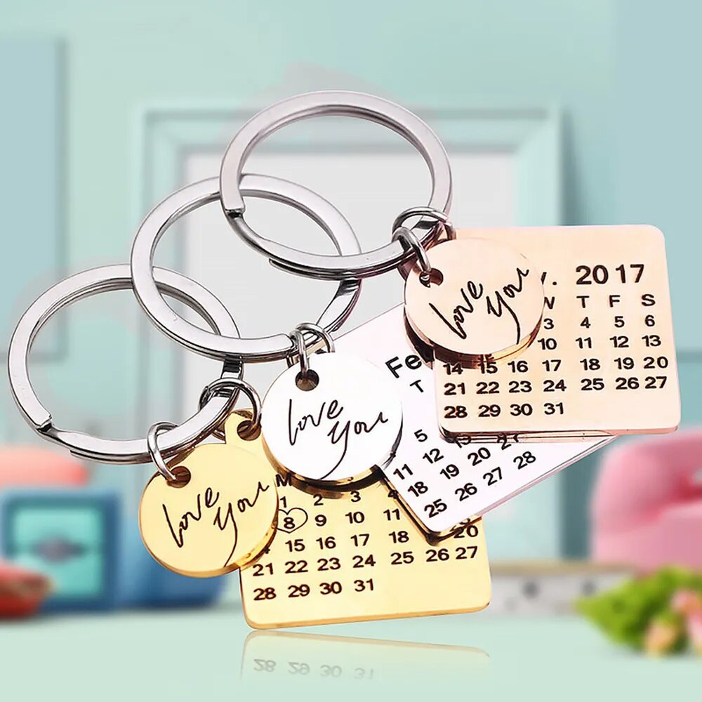 Personalized Custom Key Chain Ring Engraved Calendar Date Stainless Steel Keyring Wedding Anniversary Gift for Boyfriend Husband