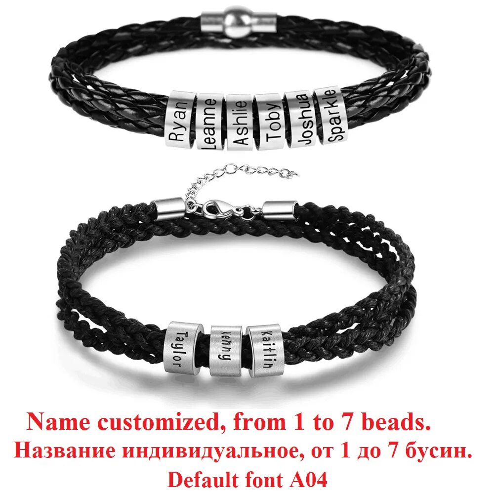 LIKGREAT Name Letter Customize Leather Bracelet for Women Men Stainless Steel Bead Braided Rope Wrist Bracelets Personalized