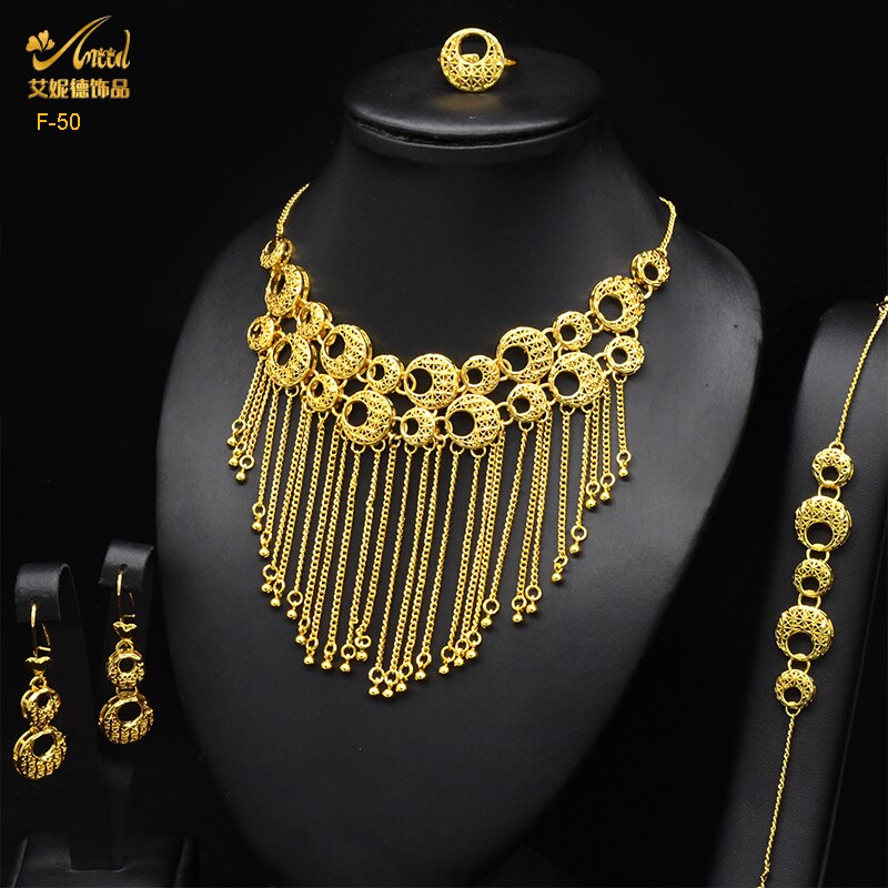 ANIID Dubai Tassel Gold Plated Jewelry Sets For Women Fashion Indian Bridal Necklace And Earring 4Pcs Set Ethiopian Party Gifts