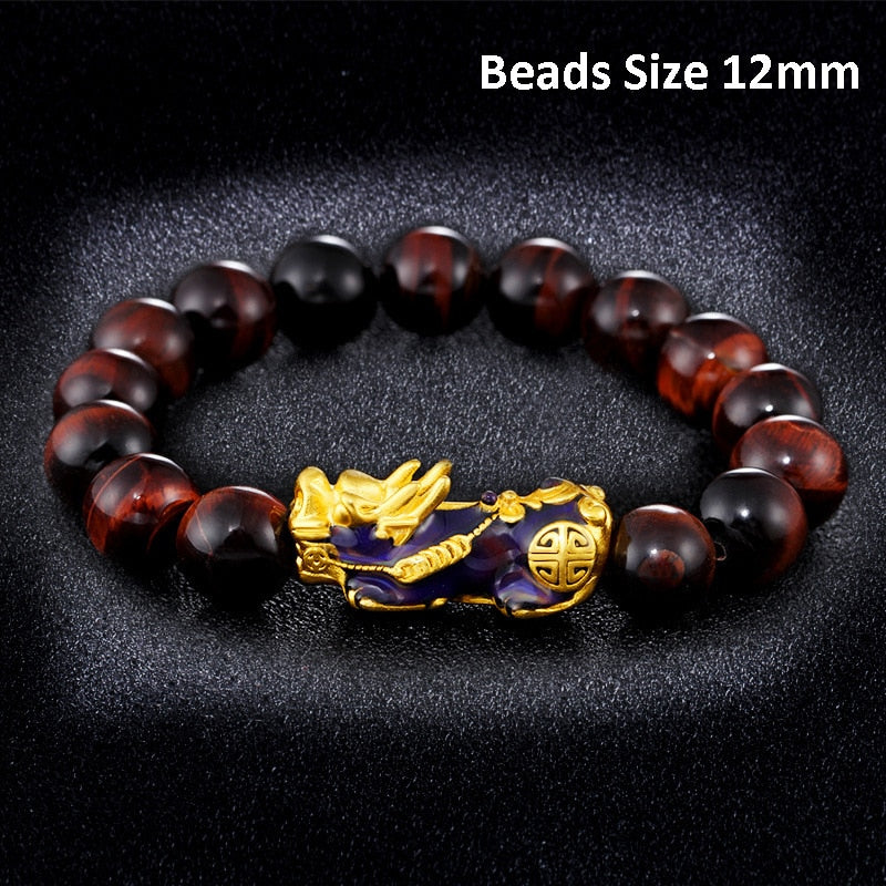 Stone Beads Bracelet Men Women Unisex Chinese Feng Shui Pi Xiu Obsidian Wristband Gold Wealth & Good Luck Pixiu Women Bracelets