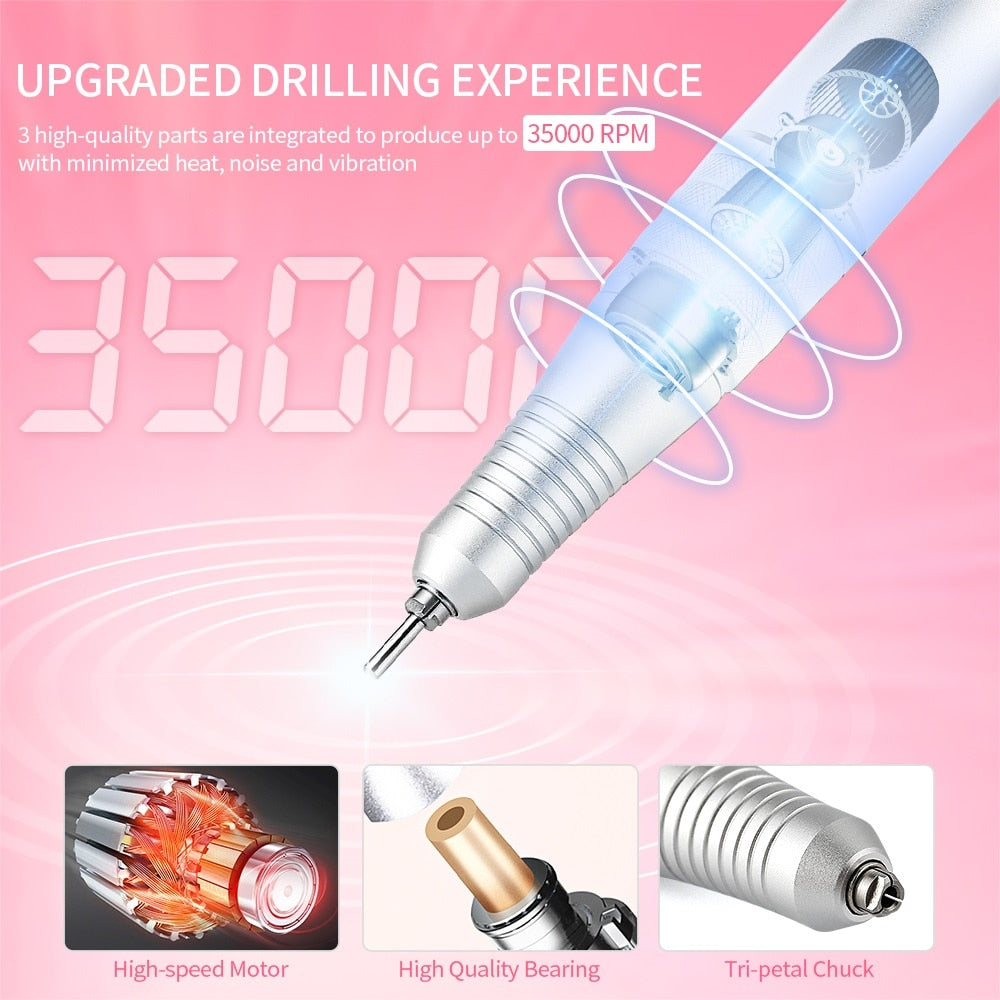 60W Recharging Nail Drill Machine 35000RPM Nail Polishing Grinder Machine Manicure Pedicure Nail Milling Cutters Nail Drill Bits