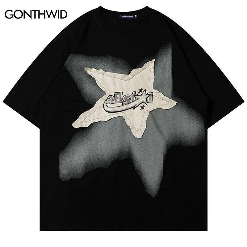 Men Oversized T Shirt Star Splicing Harajuku Streetwear Tshirts Man 2023 Fashion Casual Loose Cotton Hip Hop Y2K T-shirt Tops