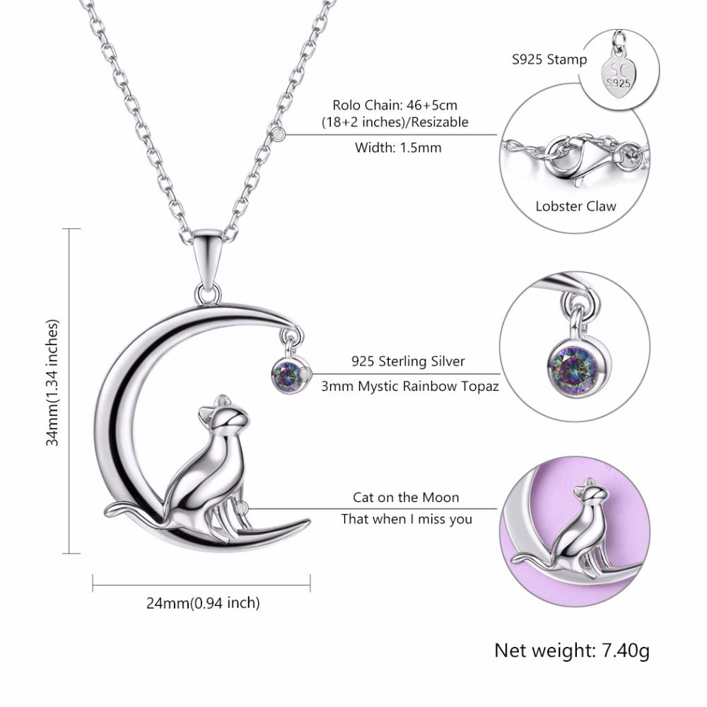 U7 Authentic 100% 925 Sterling Silver Cat Moon Necklace Meditation Women Jewelry   Chain &amp; Pendant Valentine Gift SC17