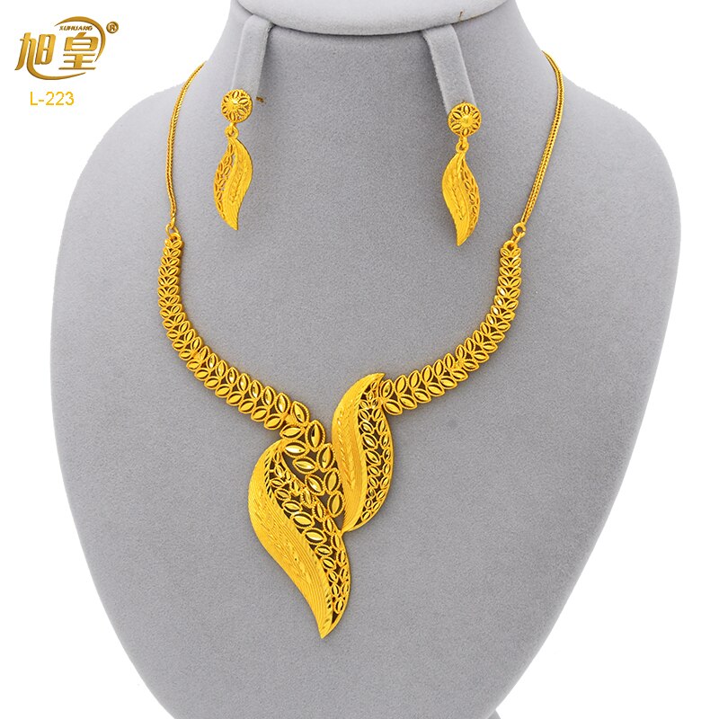 XUHUANG Dubai 24K Plated Necklace Earring Set Arabic Ethiopian Nigerian Banquet Wedding Party Necklace Choker Jewellery Set Gift