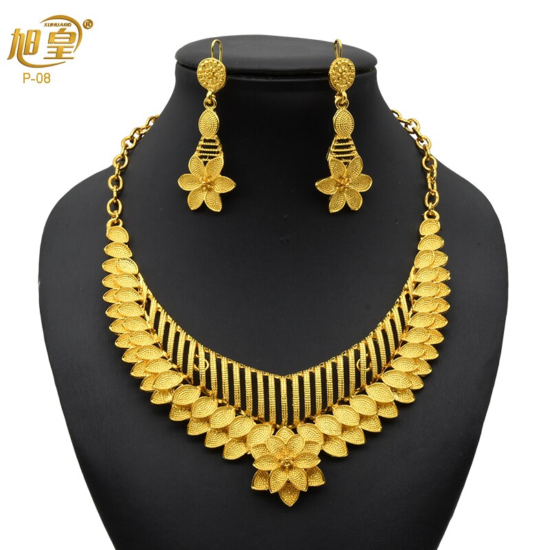 XUHUANG Dubai 24K Plated Necklace Earring Set Arabic Ethiopian Nigerian Banquet Wedding Party Necklace Choker Jewellery Set Gift