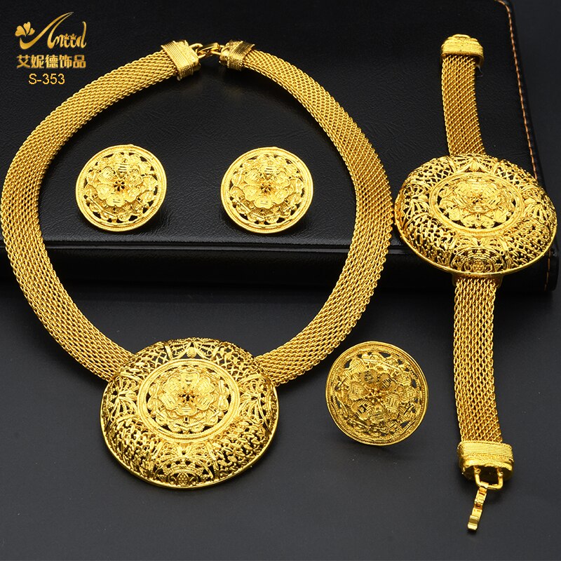 ANIID Ethiopian Gold Plated Jewelry Set For Women Bridal Dubai Jewellery Wedding Brazilian Eritrean African Earring Necklace Set