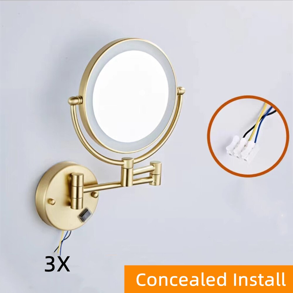 Makeup Mirrors Black/Brushed Gold Brass Wall Extending Folding Double Side LED Light Mirror 3 X/5X/10X Magnification Bath Mirror