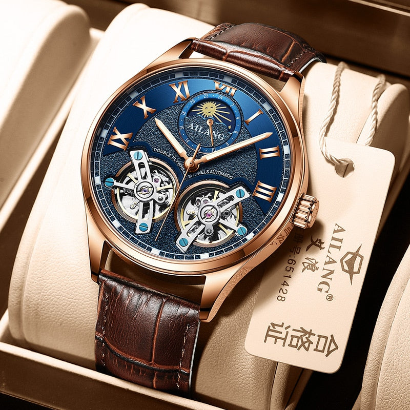 AILANG Original Design men&#39;s Double Flywheel Automatic Mechanical Watch Fashion Leisure Business Luxury Clock