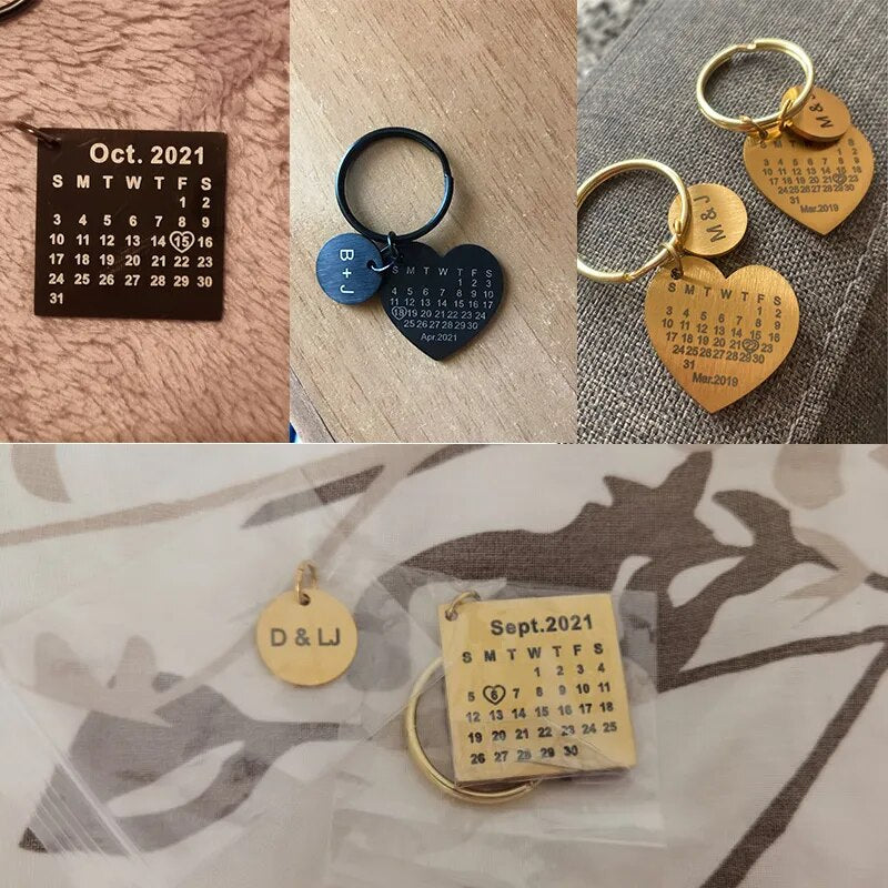 DIY Keychain Personalized Calendar Keychain Hand Carved Calendar Keyring Gift for Boyfriend Girlfriend Private Custom Engraving