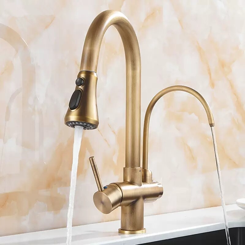 Antique Bronze Faucet Kitchen Pull Out Water Purifier Sink Faucet 360 Rotate Hot Cold Drinking Water Filter Mixer Crane Vintage