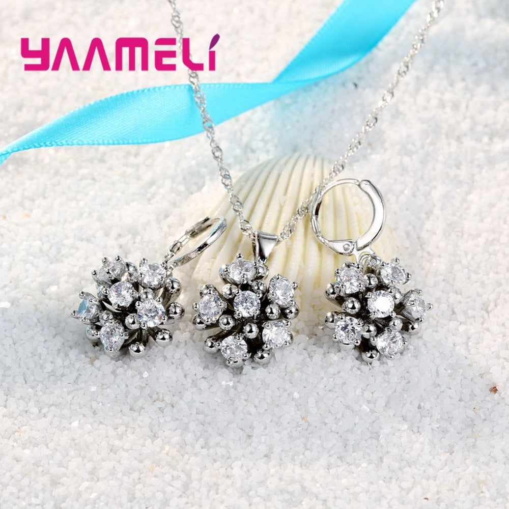 925 Sterling Silver Necklace Earrings Jewelry Gift Set Romantic Luxury Style White Flower Shape Crystal Column For Women