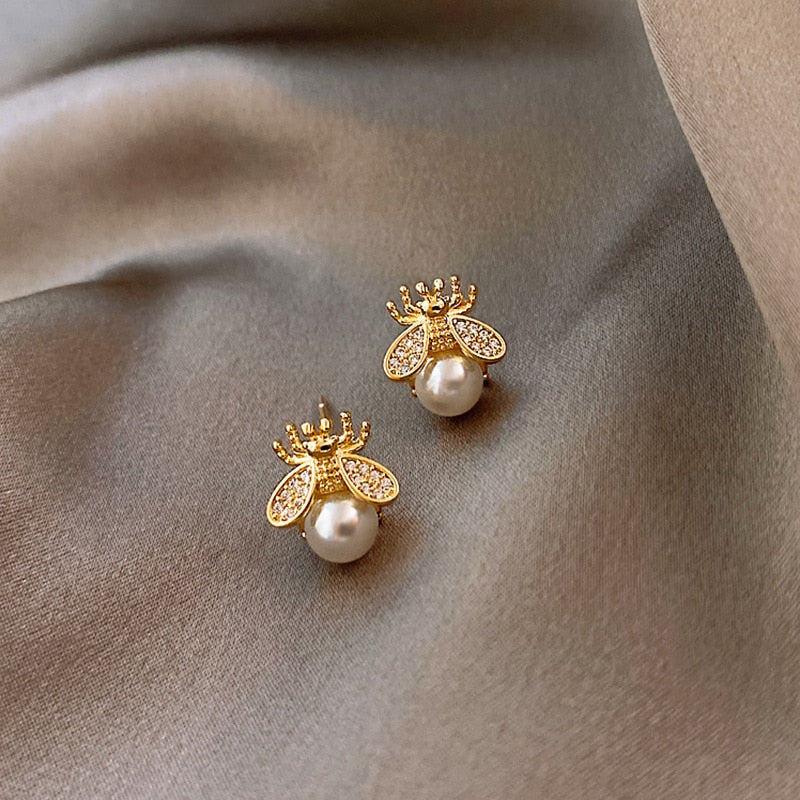 Rose Gold Pearl Flower Dangle Earrings for Women Silver Needle Full Rhinestone Korean Fashion Jewelry 2023 Accessories