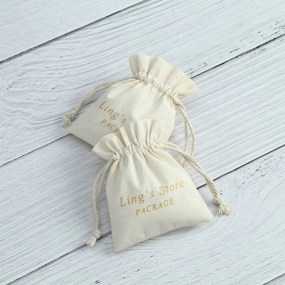 100pcs Nature Cotton Jewelry Bags Grosgrain Ribbon Drawstring Pouch Custom Logo Earring Bracelet Dice Dust Bag Wedding Gift Bag