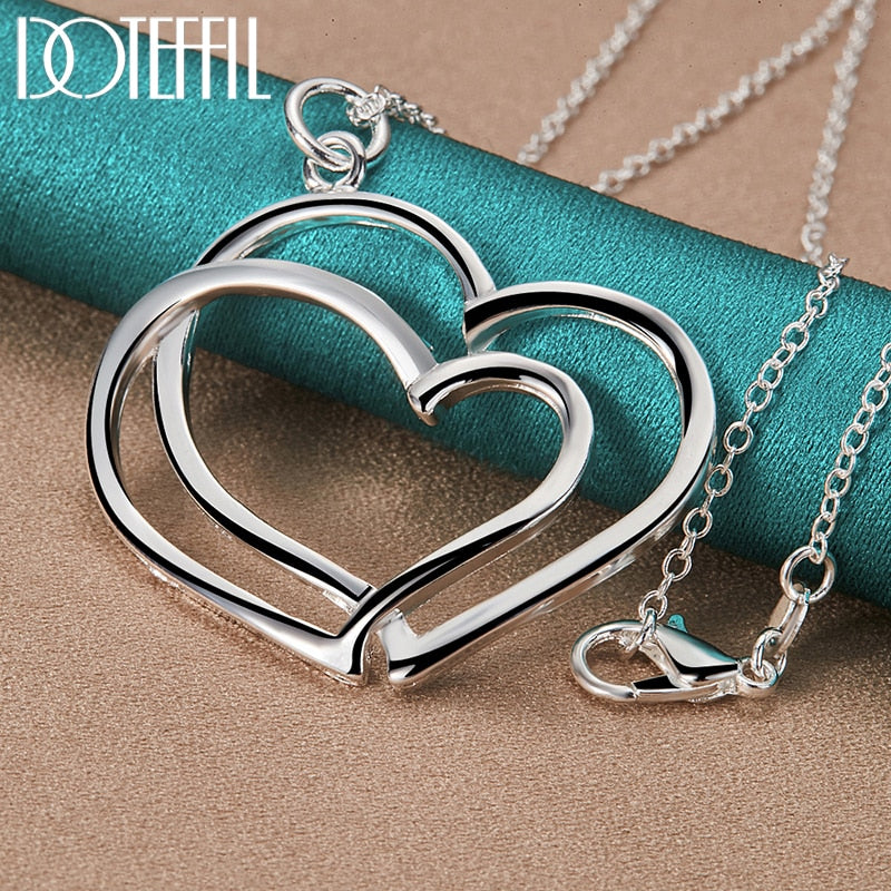 DOTEFFIL 925 Sterling Silver Double Heart Pendant Necklace 18 Inch Chain For Woman Fashion Wedding Engagement Charm Jewelry