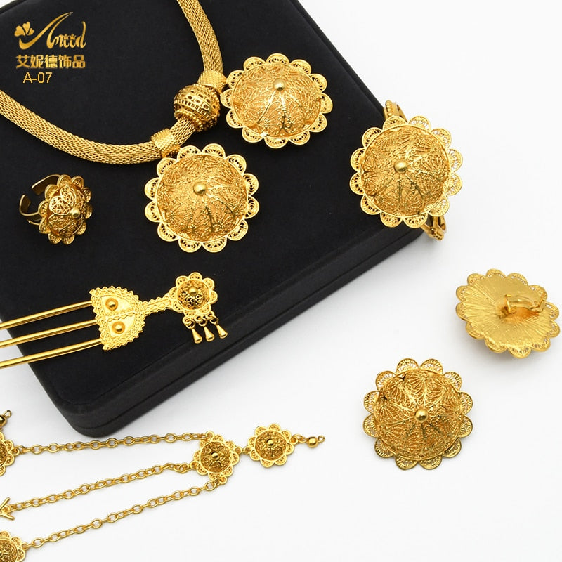 Women's six Piece Ethiopian Flower Shape Plated Jewelry Sets Nigerian Wedding Party Gifts Luxury Necklace Set