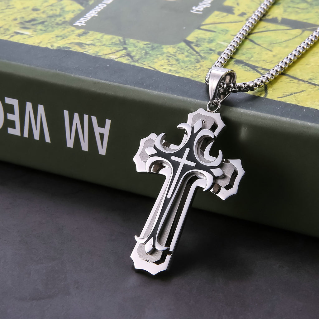 Fashion Vintage Flame Cross Pendant Necklace For Women Men Long Chain Punk Goth Trendy Accessories Choker Gothic Jewelry