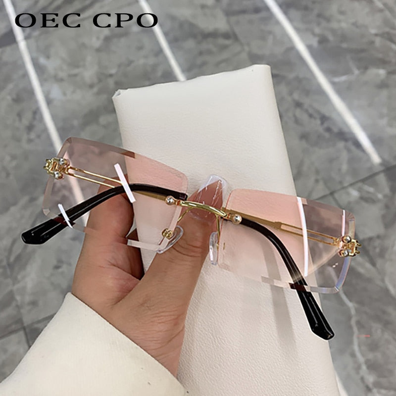 OEC CPO Fashion Popular Rimless Rectangle Sunglasses Women Men Shades Alloy Glasses UV400 O264