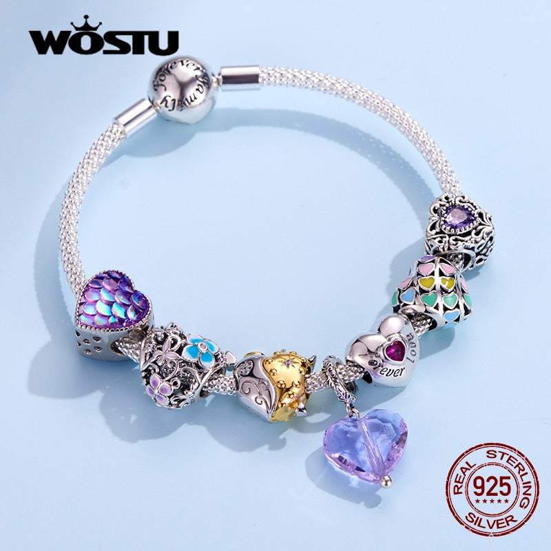 WOSTU 100% 925 Sterling Silver Heart Vintage Charms Beads Fit Original DIY Bracelets Necklace Mother's Day Jewelry Gifts for Mom