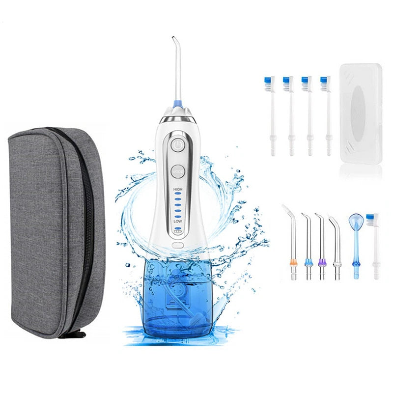 Blue Oral Irrigator Portable Bag Electric Water Flosser USB Rechargeable Professional Dental Flosser with 5 Nozzles &amp; Brush