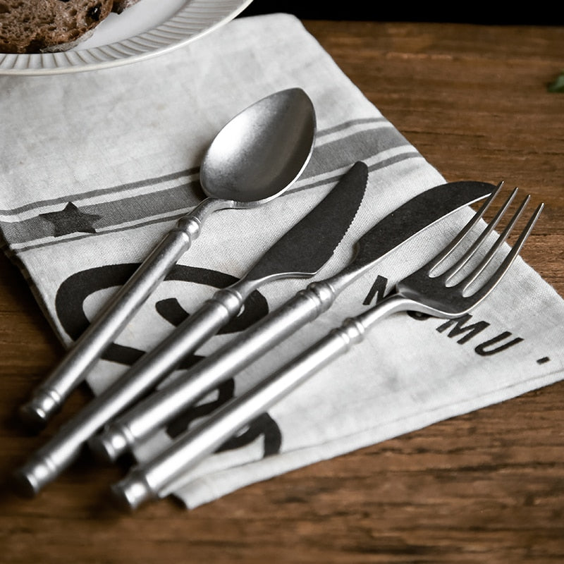 Retro Scrub 304 Stainless Steel Flatware Kitchen Cutlery Set Steak Knife Fork Spoon Set Dessert Fork Vintage restaurant Cutlery