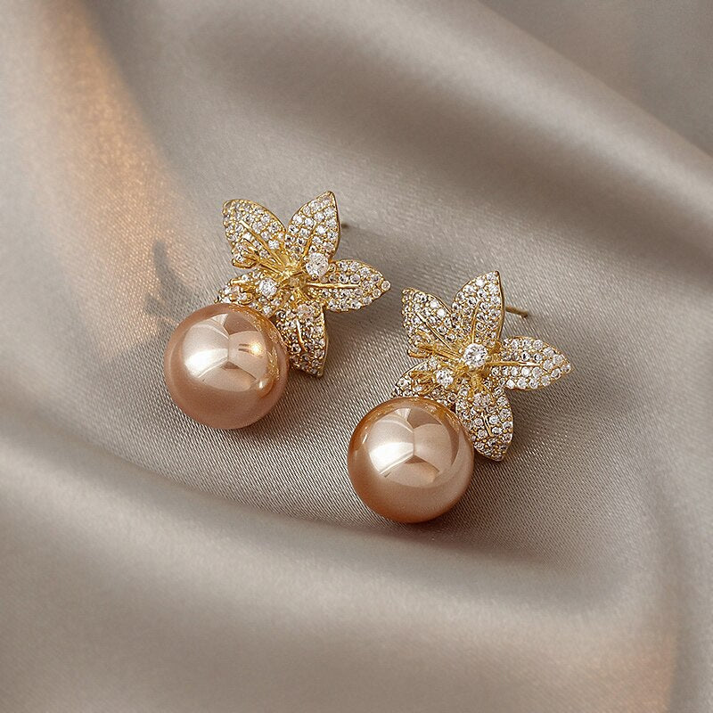 Rose Gold Pearl Flower Dangle Earrings for Women Silver Needle Full Rhinestone Korean Fashion Jewelry 2023 Accessories