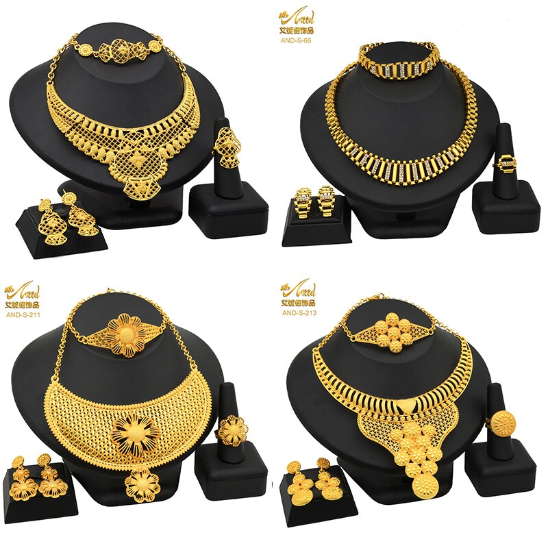 ANIID African Jewelry Set Big Necklace Dubai Ethiopian Gold Color Jewelery Earring Bracelet For Women Bridal Choker Wholesale