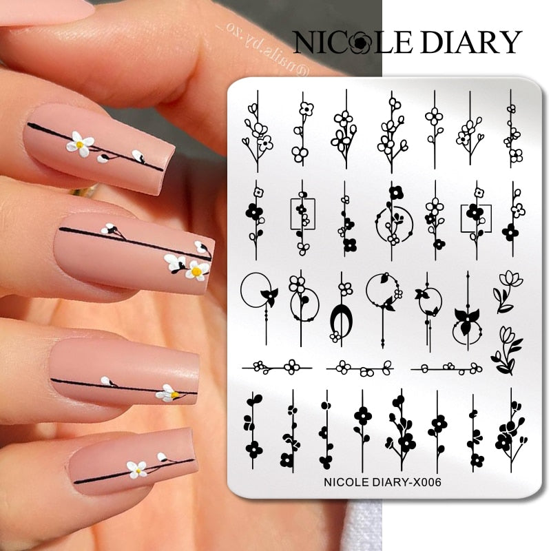 NICOLE DIARY Leaves Flower Stripe Design Stamping Plates Abstract Lady Face Nail Stamp Templates Leaf Floral Printing Stencil