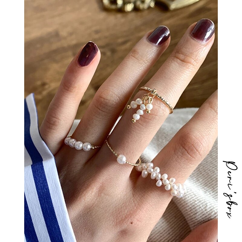 Peri&#39;sBox 4 Designs Beaded Natural Freshwater Pearl Rings Cluster Irregular Rings for Women Tassel Minimalist Elegant Ring 2020