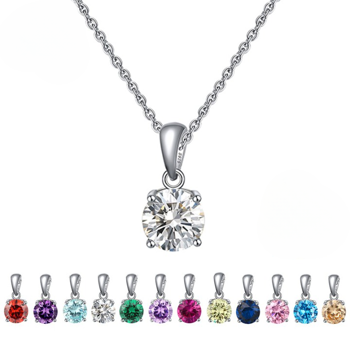 Real 925 Sterling Silver Pendant Necklace Lucky Birthstone Multi Color Zircons Stud Necklaces Women Jewelry BN118