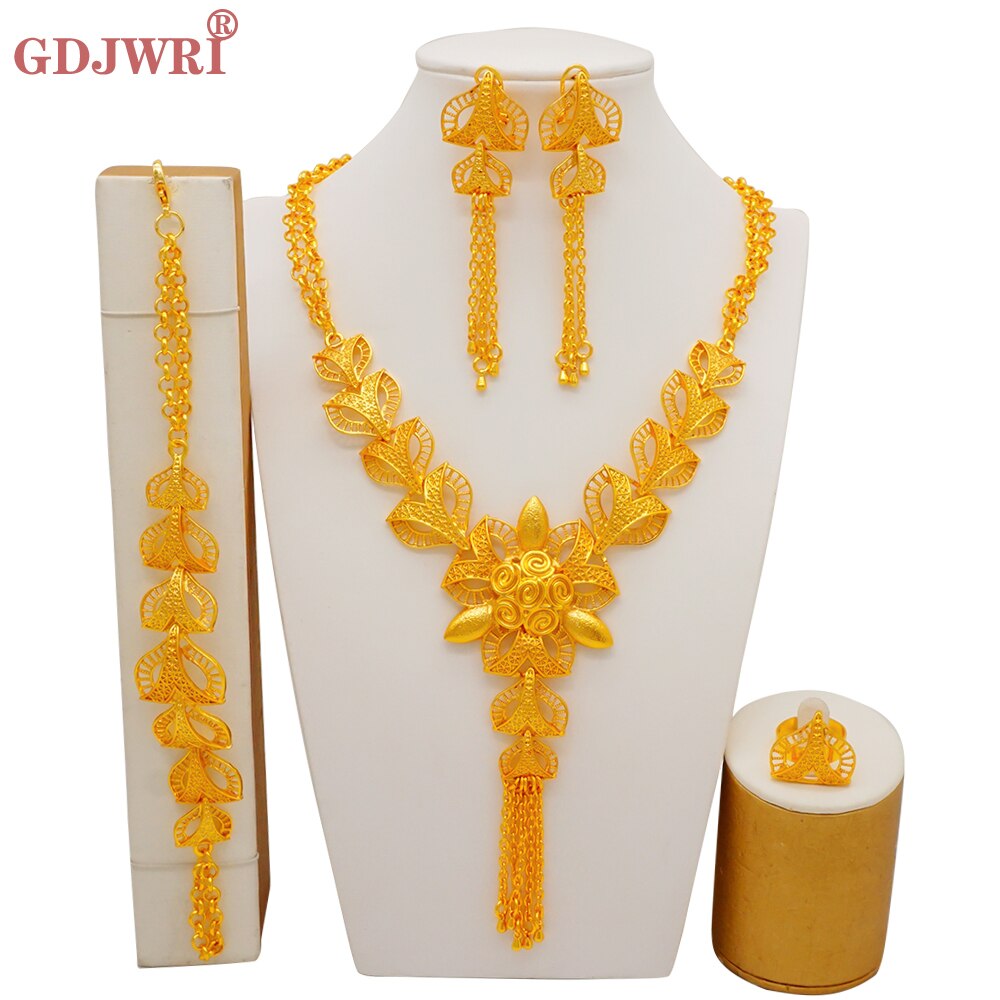 Dubai Indian Gold Color Necklace Bracelet Earrings Ring Jewelry Sets For Women Ethiopian Nigerian Bridal Wedding Jewellery Gifts