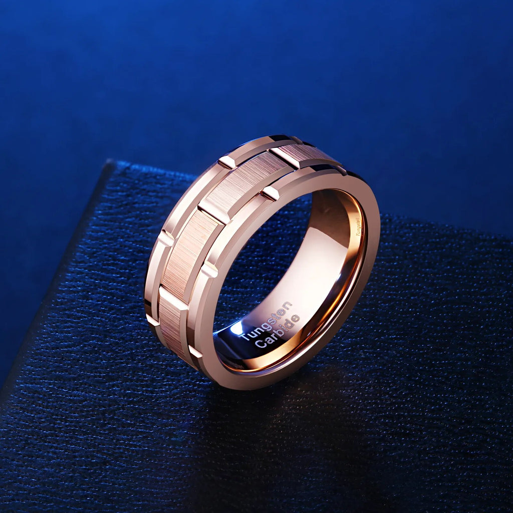 Newshe Men&#39;s Tungsten Carbide Ring 8mm Rose Gold Color Brick Pattern Brushed Bands for Him Wedding Jewelry TRX080