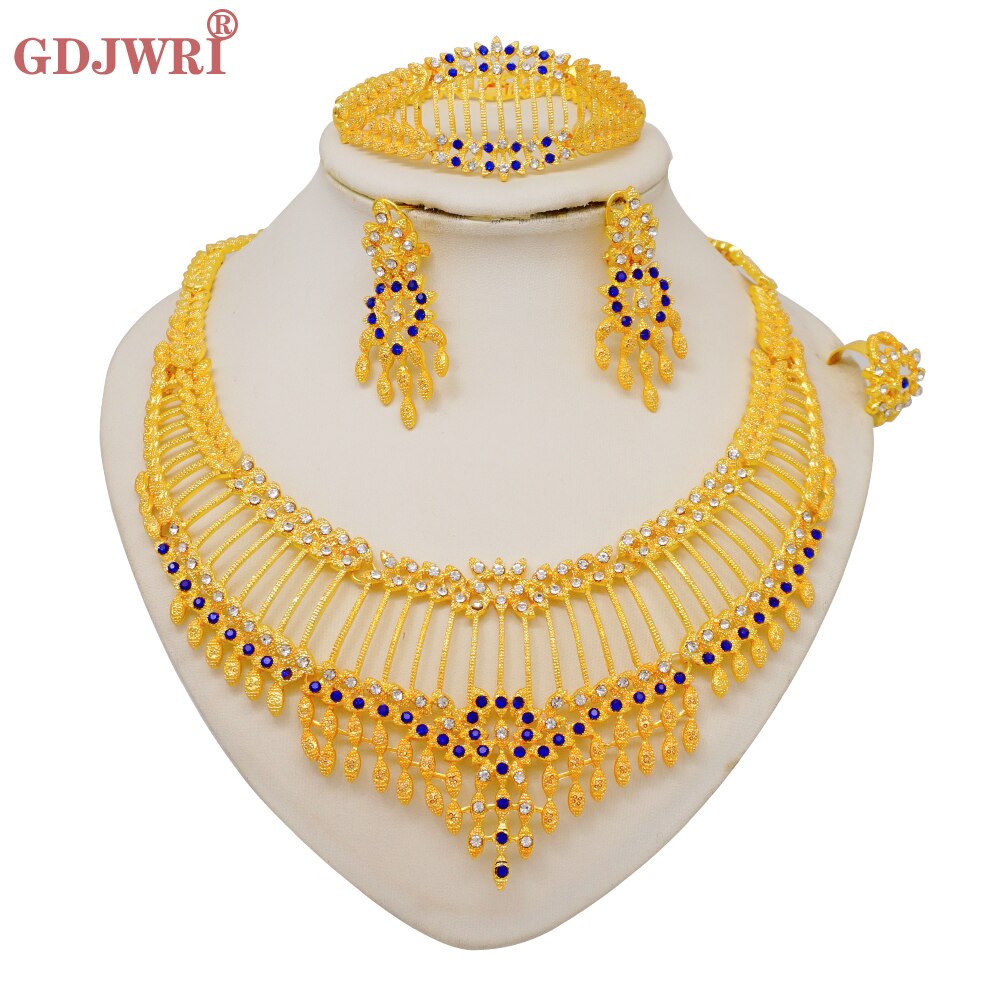 Dubai Indian Gold Color Necklace Bracelet Earrings Ring Jewelry Sets For Women Ethiopian Nigerian Bridal Wedding Jewellery Gifts