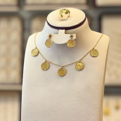 Special Arabic  Design Gold SET necklace with earrings & ring jewelry for Birthday, wedding, egagement, Valentines.