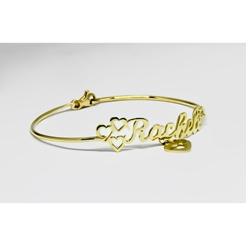 Special Design Customized  Name Gold Plated Bracelet  Decorated with Three Hearts and One dangling Heart in the Middle