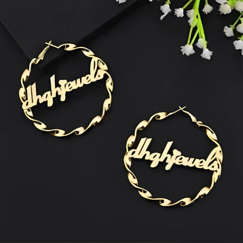 Special Hoop Design Earrings Customized Name High Quality Gold Plated.