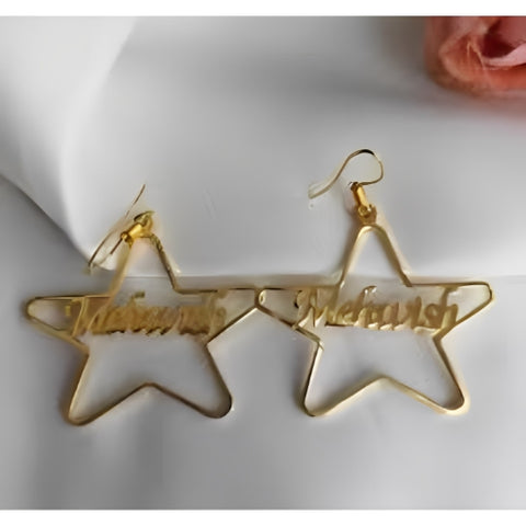 Star Design Dangling Earrings Centre Customized Name High Quality Gold Plate
