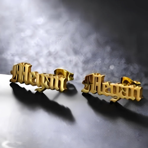 Straight Design Old English Fonts Best Quality Beautiful Design Stud Earrings Gold Plated.