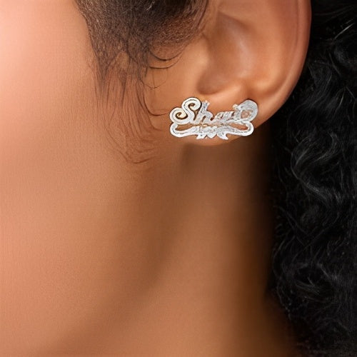 Straight Designed Customized Name Decorated with Zarkon Best Quality Beautiful  Stud Earrings Pure Silver.