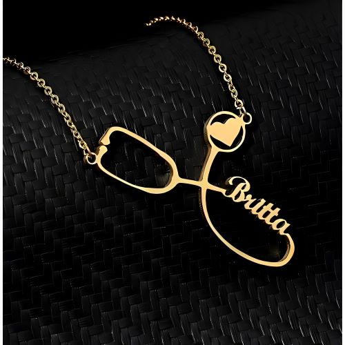 Symbolic Double Head Stethoscope Persnalised name pendant Gold plated Speccial gift forValentines day.